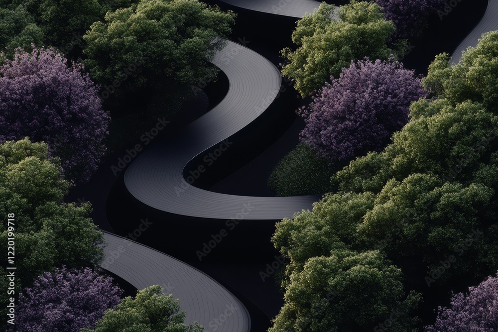 A garden with pathways forming a star shape, surrounded by trees with lilac and lavender blossoms. A garden with pathways forming a star shape, surrounded by trees with lilac and lavender blossoms.