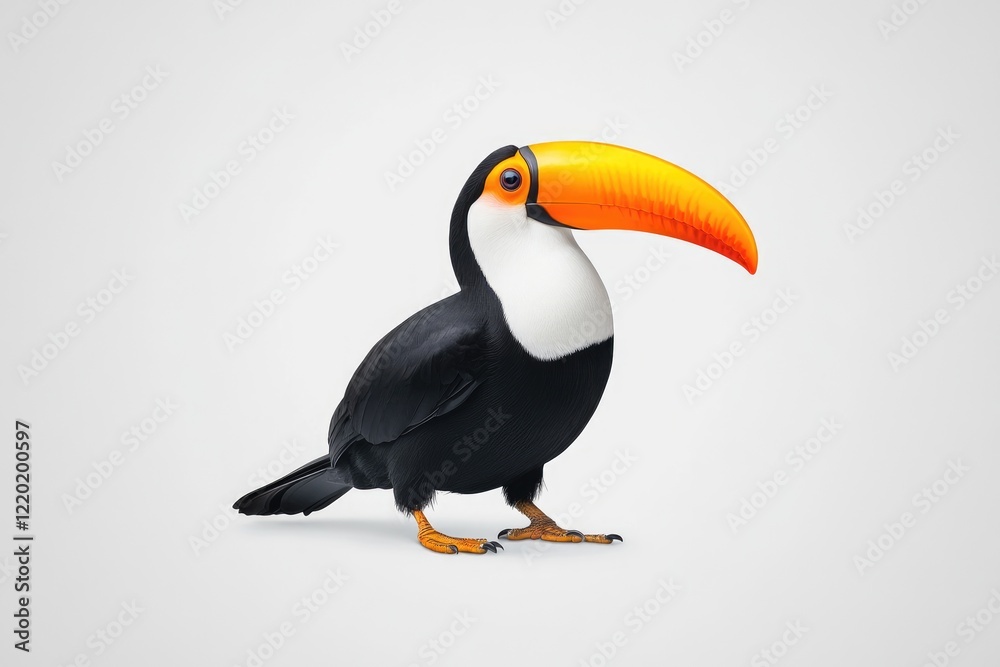 Naklejka premium A vibrant toucan stands proudly against a neutral background, showcasing its colorful beak and plumage