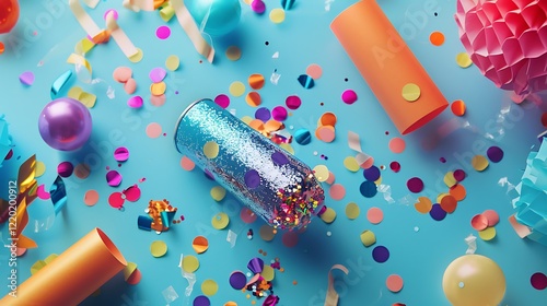 A vibrant confetti popper surrounded by scattered colorful decorations. photo