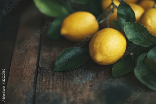 Close-up of bright yellow lemons and green leaves on a rustic wooden table for a fresh and zesty theme photo