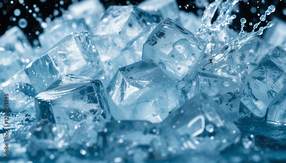 Ice cubes tumble into water, causing a striking splash in a glass, Generative AI. Ice cubes tumble into water, causing a striking splash in a glass, Generative AI.
