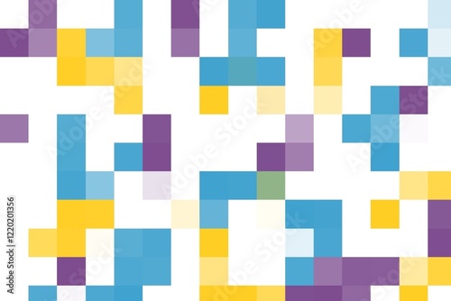 This vibrant pixel art background features a mix of blue, yellow, and purple squares, ideal for digital projects and modern designs.