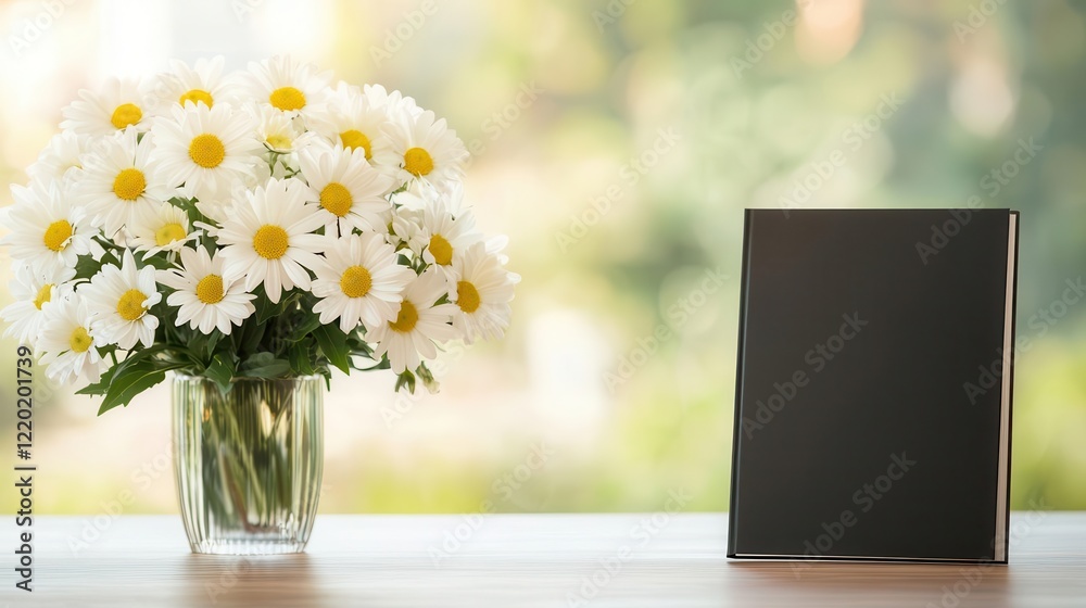 A funeral program resting on a table next to a floral centerpiece of white and yellow blooms, solemn and respectful composition