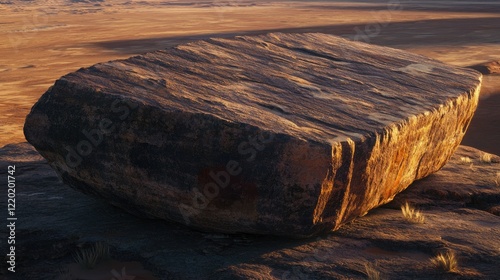 Enormous monolithic rock in a flat desert landscape, warm evening light casting long shadows, with hints of red and brown hues on the textured rock surface. photo