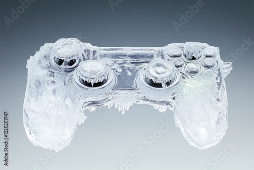 Frozen gaming controller with frost and ice, copy space. photo