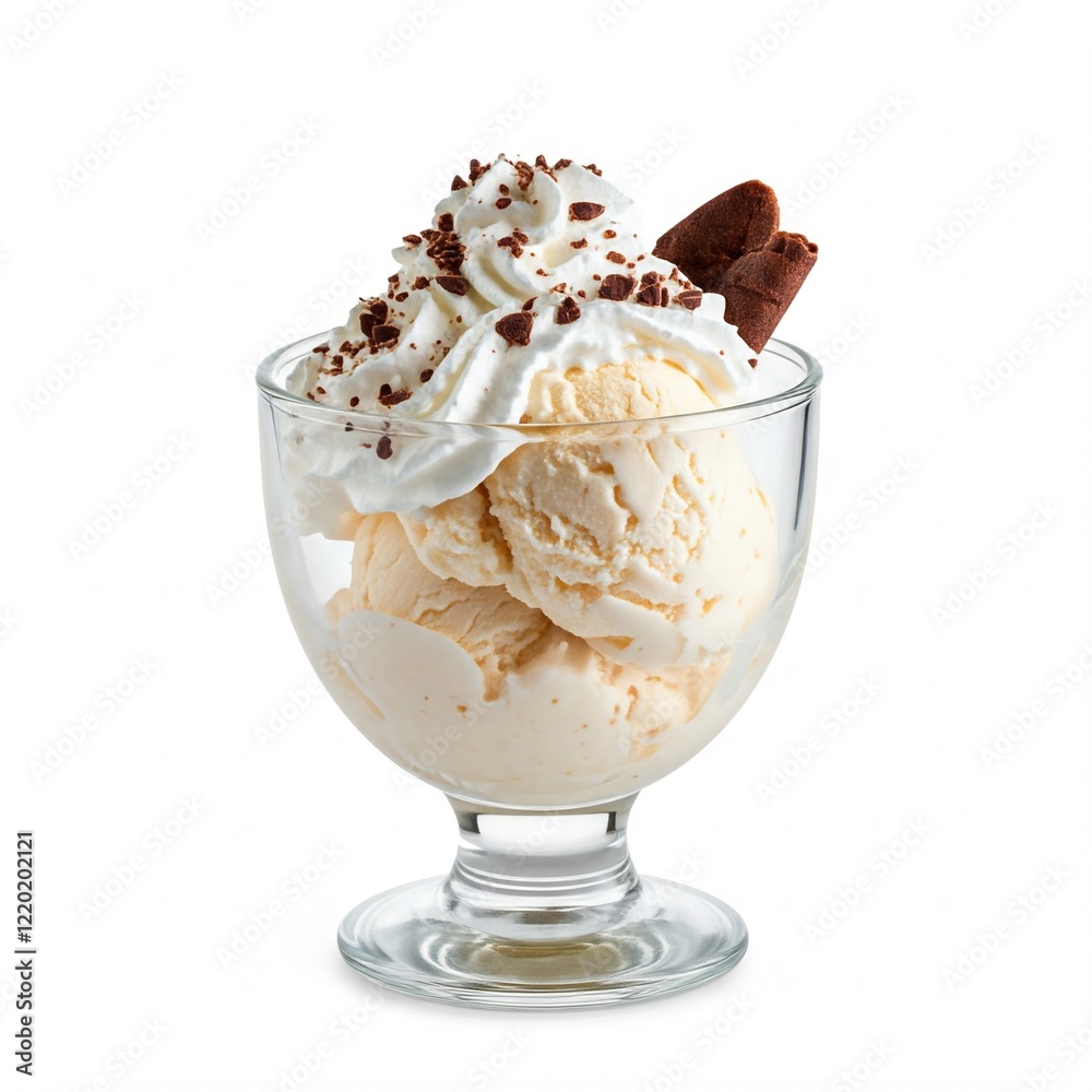 ice cream sundae with whipped cream chocolate topping glass bowl isolated on white background ice cream sundae with whipped cream chocolate topping glass bowl isolated on white background