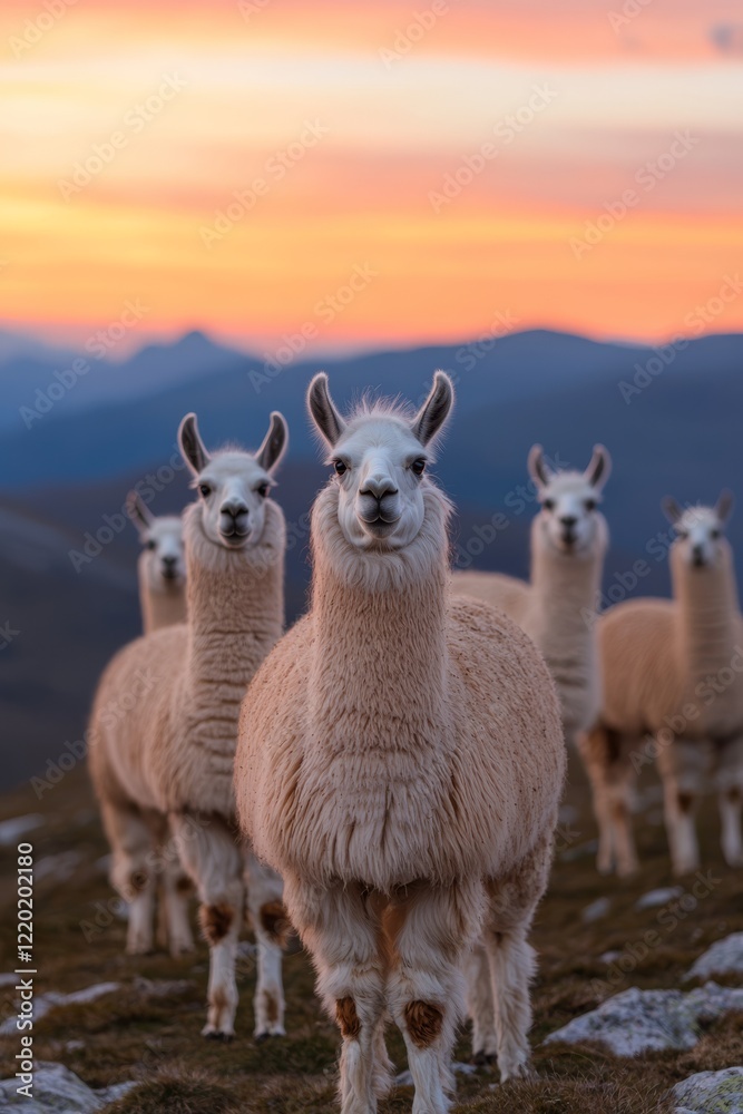 Obraz premium A magical scene of two llamas standing together on a hill at sunset, their fluff glowing in the warm light.
