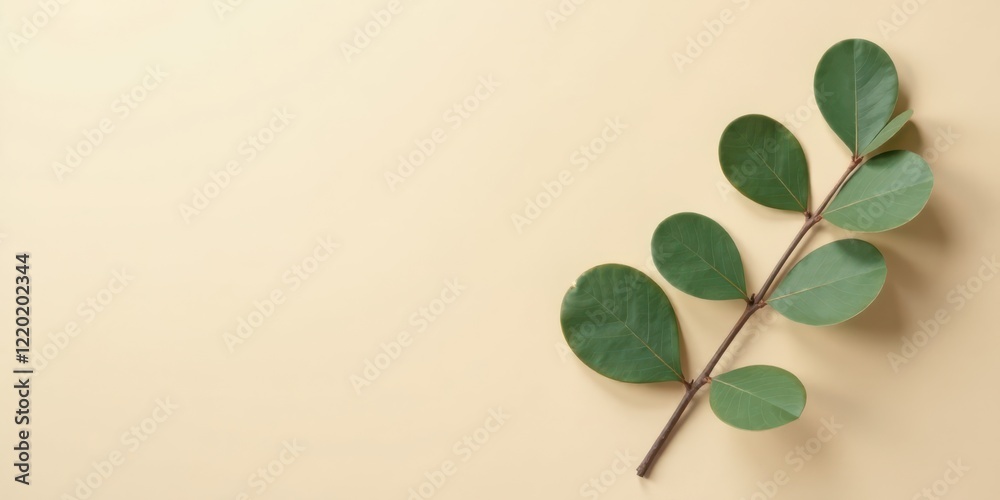 Obraz premium Elegant Green Branch with Oval Leaves on a Pale Yellow Background A Simple Nature-Inspired Design Element