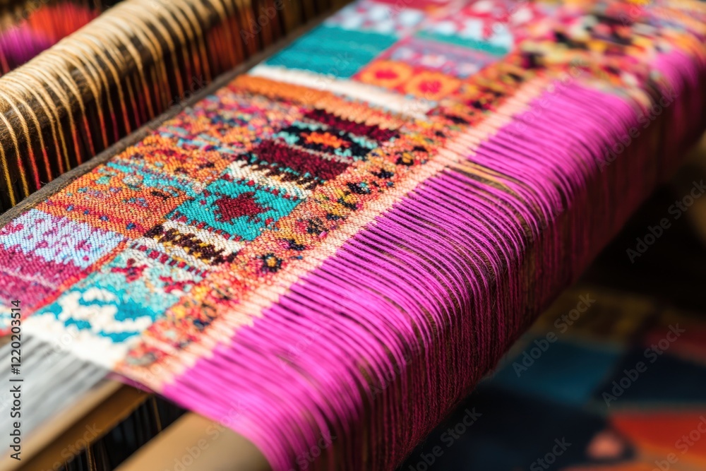 Close-up of a colorful handmade textile on a loom Close-up of a colorful handmade textile on a loom