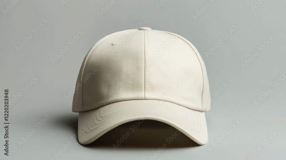 Beige solid-colored baseball cap, flat-lay on a grey background, high-resolution photography Beige solid-colored baseball cap, flat-lay on a grey background, high-resolution photography
