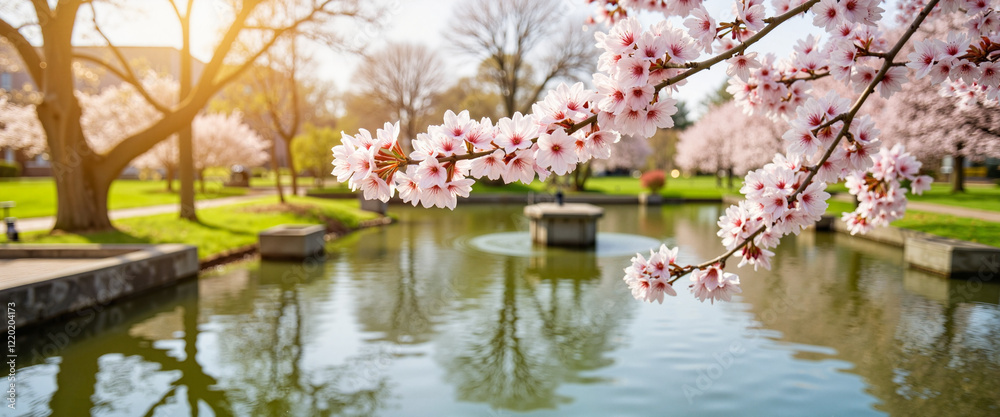 Cherry blossom branch reflecting on tranquil pond, serene garden Cherry blossom branch reflecting on tranquil pond, serene garden