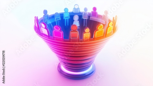 A vibrant 3D marketing funnel showing audience symbols being filtered through each stage, with glowing arrows, isolated on white photo