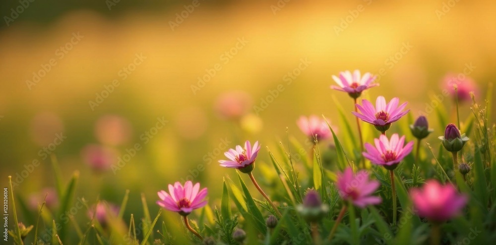 Delicate pink wildflowers scattered across a golden landscape, pink flowers, green, wildflowers Delicate pink wildflowers scattered across a golden landscape, pink flowers, green, wildflowers