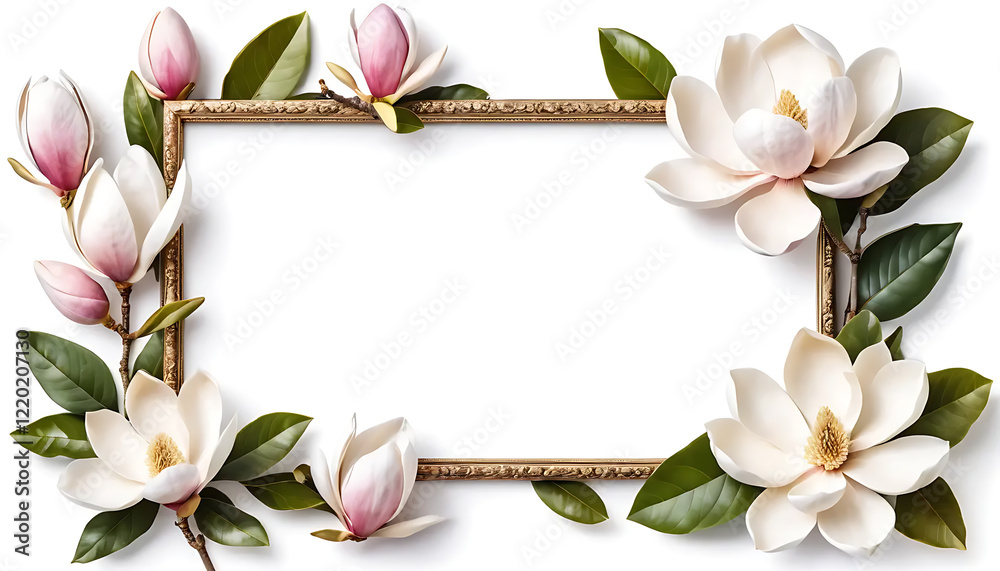 Fototapeta premium Elegant Magnolia Flowers Frame Blank Template