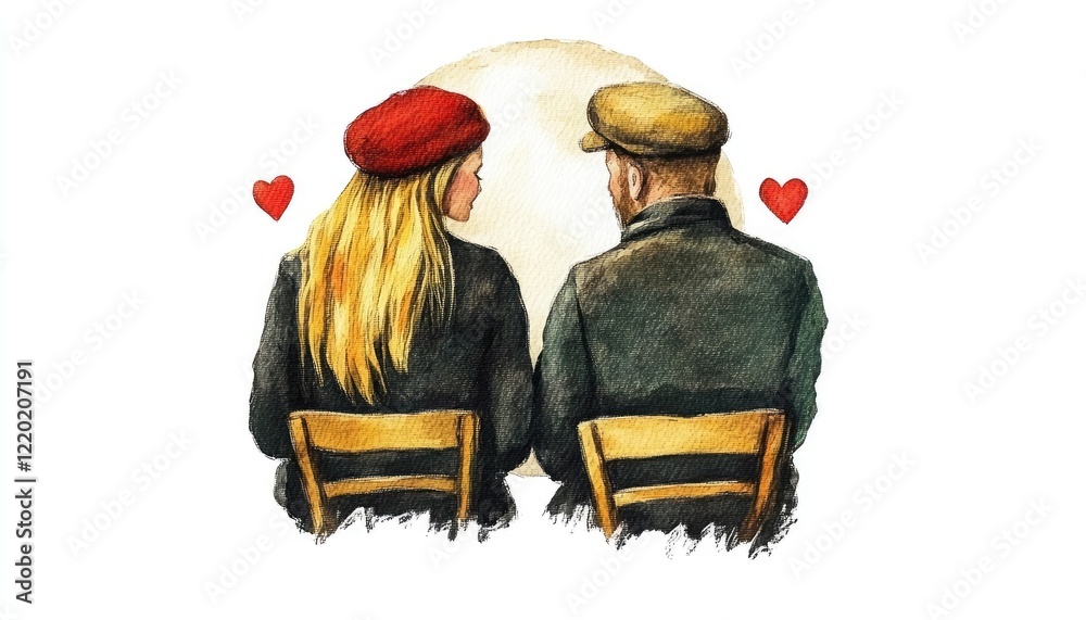 Obraz premium A romantic illustration of a couple sitting together, gazing at a full moon with hearts in the background