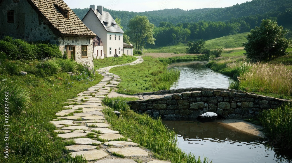 Village path, stone bridge, stream, idyllic hills, summer Village path, stone bridge, stream, idyllic hills, summer