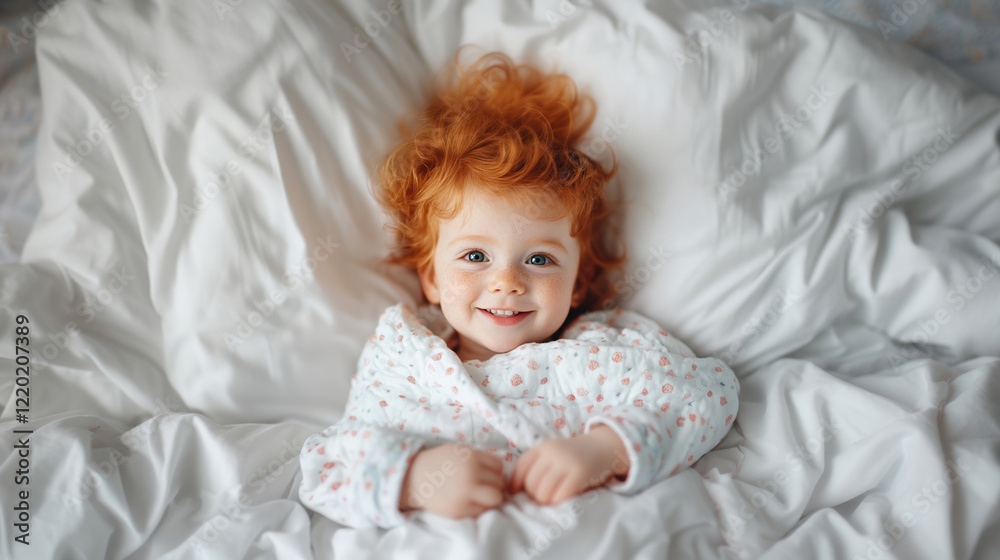 A happy red-haired toddler with bright blue eyes smiling under cozy white blankets, exuding warmth and innocence. A happy red-haired toddler with bright blue eyes smiling under cozy white blankets, exuding warmth and innocence.