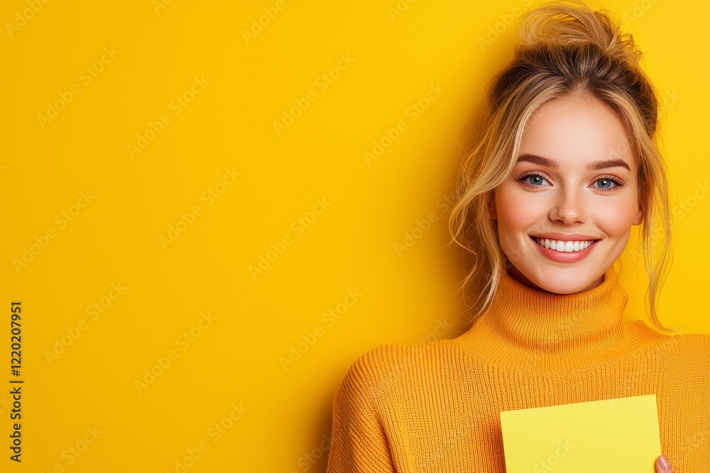 Cheerful Young Woman in Cozy Sweater Holding Yellow Card on Bright Yellow Background Cheerful Young Woman in Cozy Sweater Holding Yellow Card on Bright Yellow Background