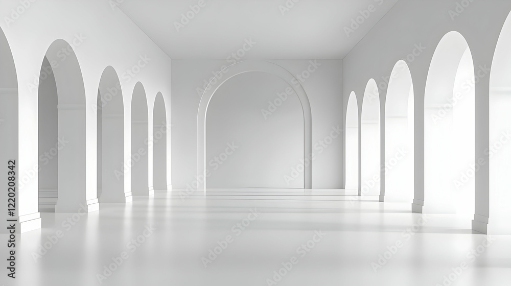 Obraz premium White arched hallway, sunlight, interior design