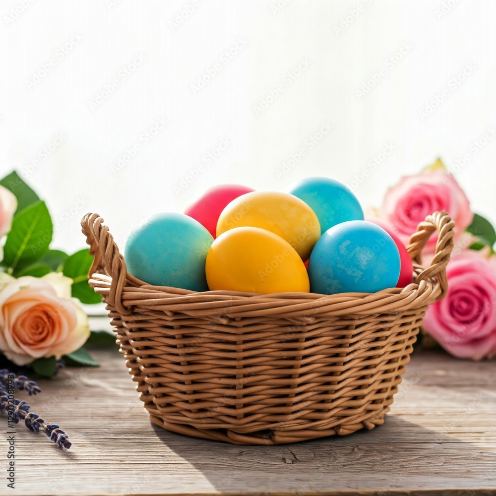 colorful easter eggs in wicker basket with pink and white roses on wooden table background colorful easter eggs in wicker basket with pink and white roses on wooden table background
