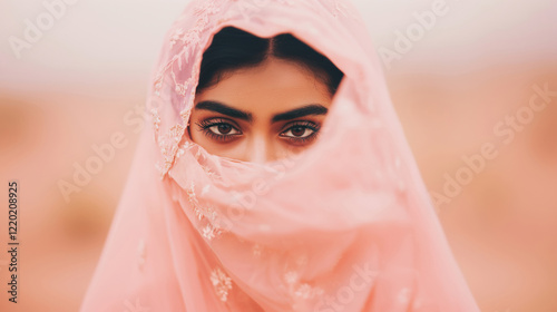 A woman with a veil covering her face, with only her eyes visible, expressing a soft, mysterious mood.