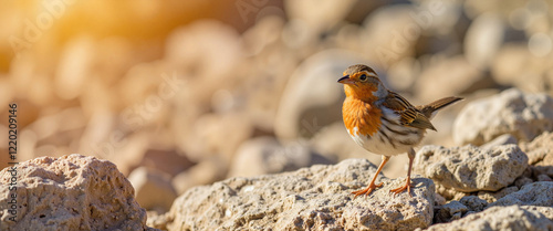 Rock thrush observing surroundings on rocky outcrop, bird migration photo