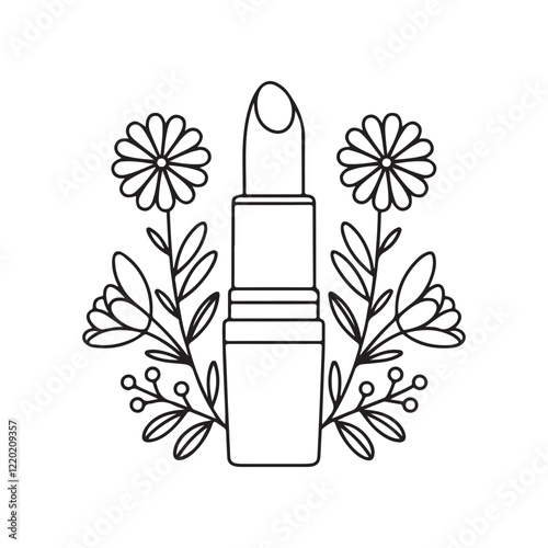 Lipstick hand drawn outline doodle icon with flower coloring page. Female makeup accessory - lipstick vector sketch illustration for print, web, mobile and infographics isolated on white background