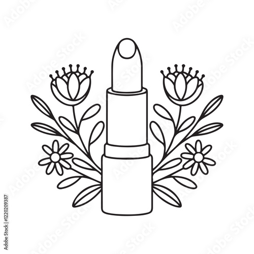 Lipstick hand drawn outline doodle icon with flower coloring page. Female makeup accessory - lipstick vector sketch illustration for print, web, mobile and infographics isolated on white background