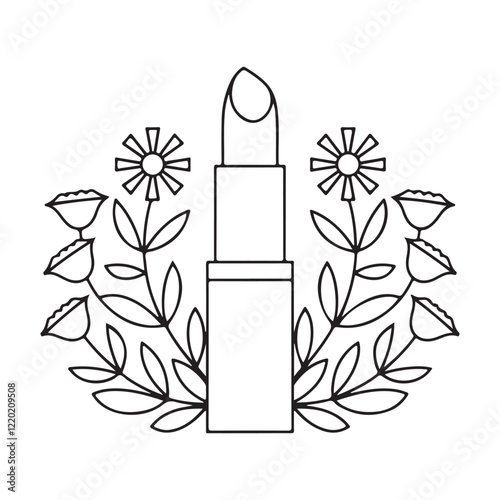 Lipstick hand drawn outline doodle icon with flower coloring page. Female makeup accessory - lipstick vector sketch illustration for print, web, mobile and infographics isolated on white background