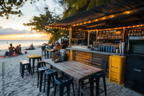 Landscape view of beachside restaurant and bar with peaceful vibe at dusk, Resort at the beach with sunset view, Relaxation vacation at the beach.