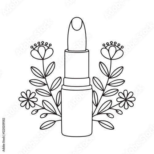 Lipstick hand drawn outline doodle icon with flower coloring page. Female makeup accessory - lipstick vector sketch illustration for print, web, mobile and infographics isolated on white background