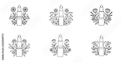 Set of Lipstick hand drawn outline doodle icon with flower coloring page. Female makeup accessory - lipstick vector sketch illustration for print, web, mobile and infographics