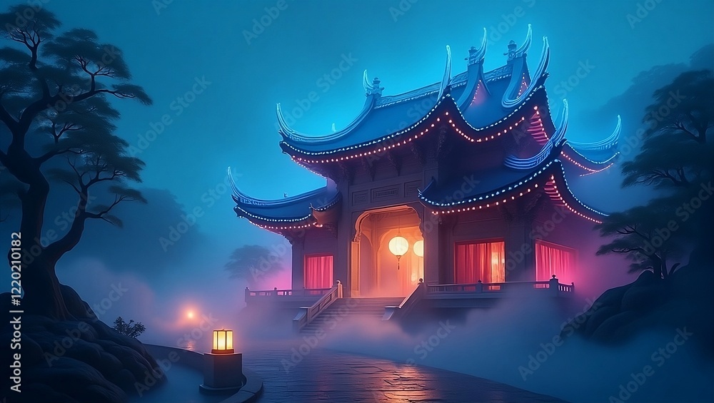 serene illuminated temple amidst misty night, blending traditional architecture with modern neon aesthetics serene illuminated temple amidst misty night, blending traditional architecture with modern neon aesthetics
