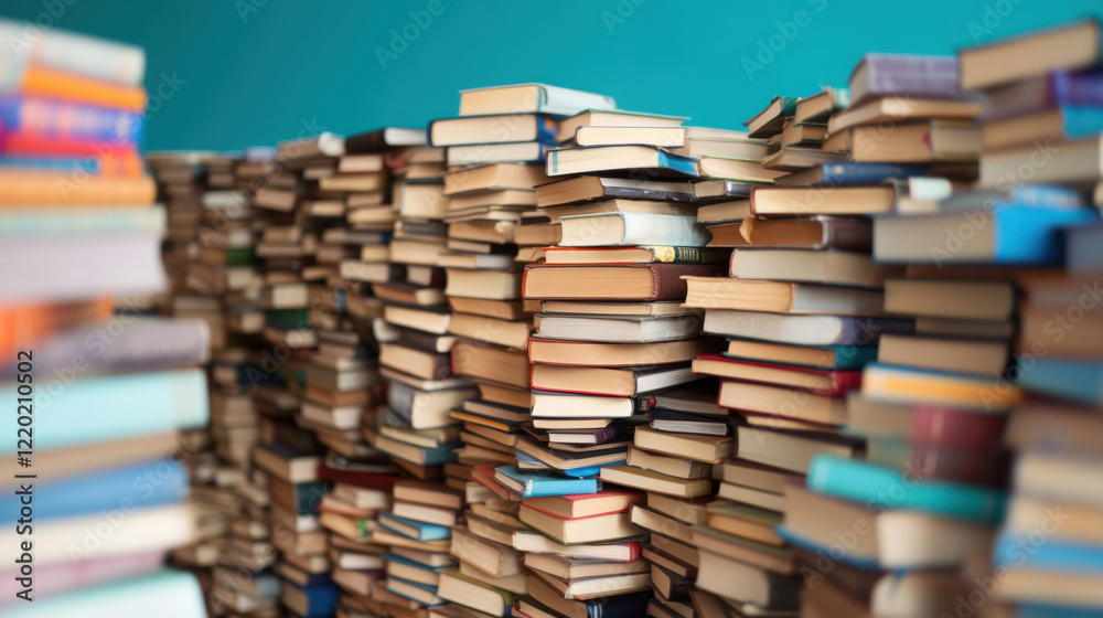A massive collection of books stacked unevenly in a chaotic arrangement, creating an overwhelming yet vibrant visual of literature. A massive collection of books stacked unevenly in a chaotic arrangement, creating an overwhelming yet vibrant visual of literature.