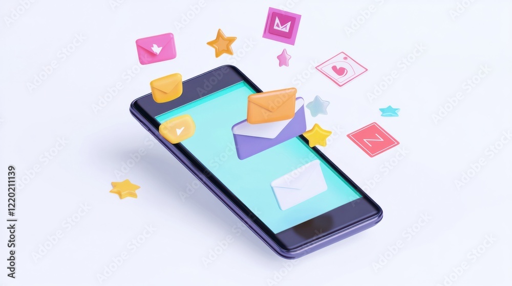 A shiny 3D smartphone displaying an email notification with floating marketing visuals such as discount tags and stars, on white
