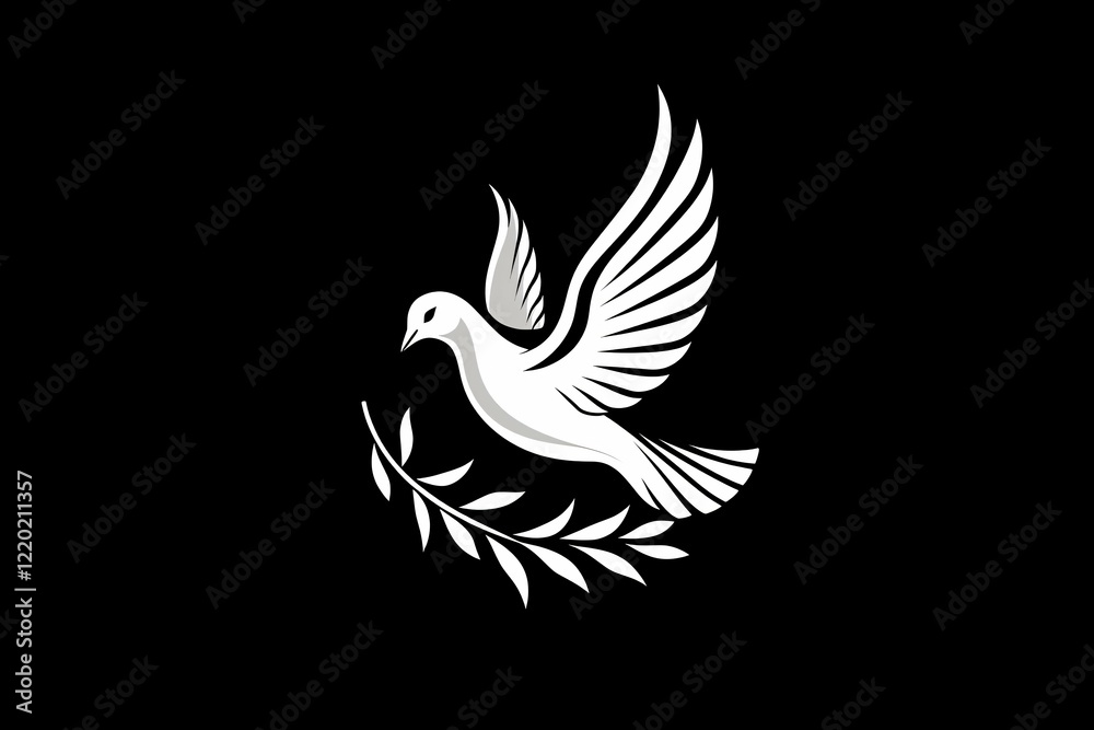 Fototapeta premium Stylized white dove with an olive branch, perfect for logos and symbols conveying peace, unity, and hope across digital and print platforms.