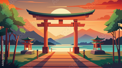 Cartoon Landscape of Itsukushima Shrine, Japan, with Torii Gate The image is a stylized cartoon landscape featuring a large, orange torii gate standing in water, likely representing the iconic floatin