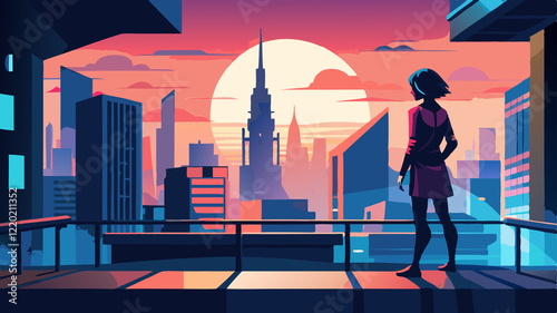 Futuristic Cityscape at Dusk/Dawn: Person on Balcony The image is a stylized digital illustration depicting a person standing on a balcony, overlooking a futuristic cityscape at either sunrise
