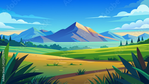 Vibrant Cartoon Landscape with Mountains and Lake The image is a vibrant, cartoon-style landscape vector illustration. It depicts a wide, open vista with rolling green hills and meadows in the foregro