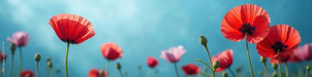Obraz premium Delicate poppy petals unfolding on a serene blue background, texture, poppies