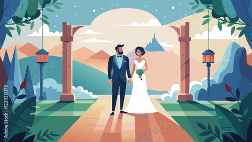 Stylized Wedding Scene in a Scenic Landscape The image is a stylized vector illustration depicting a wedding scene. A bride and groom are holding hands, standing under a decorated archway.