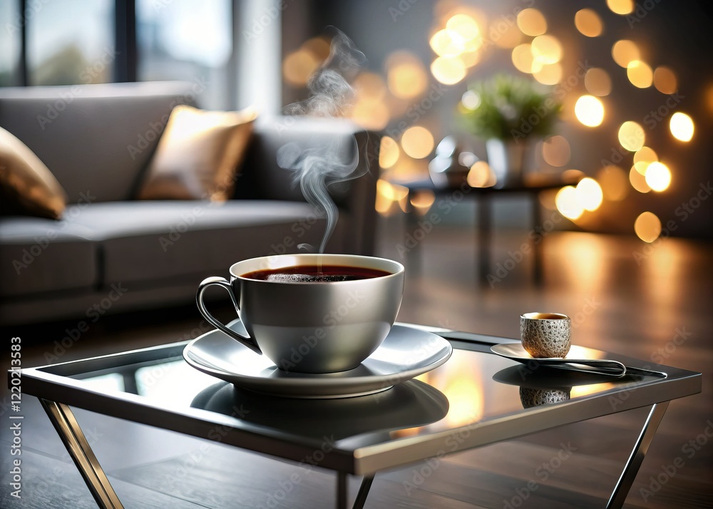 Obraz premium Modern Black Coffee Table with Chrome Legs & Stylish Coffee Setup - Stock Photo