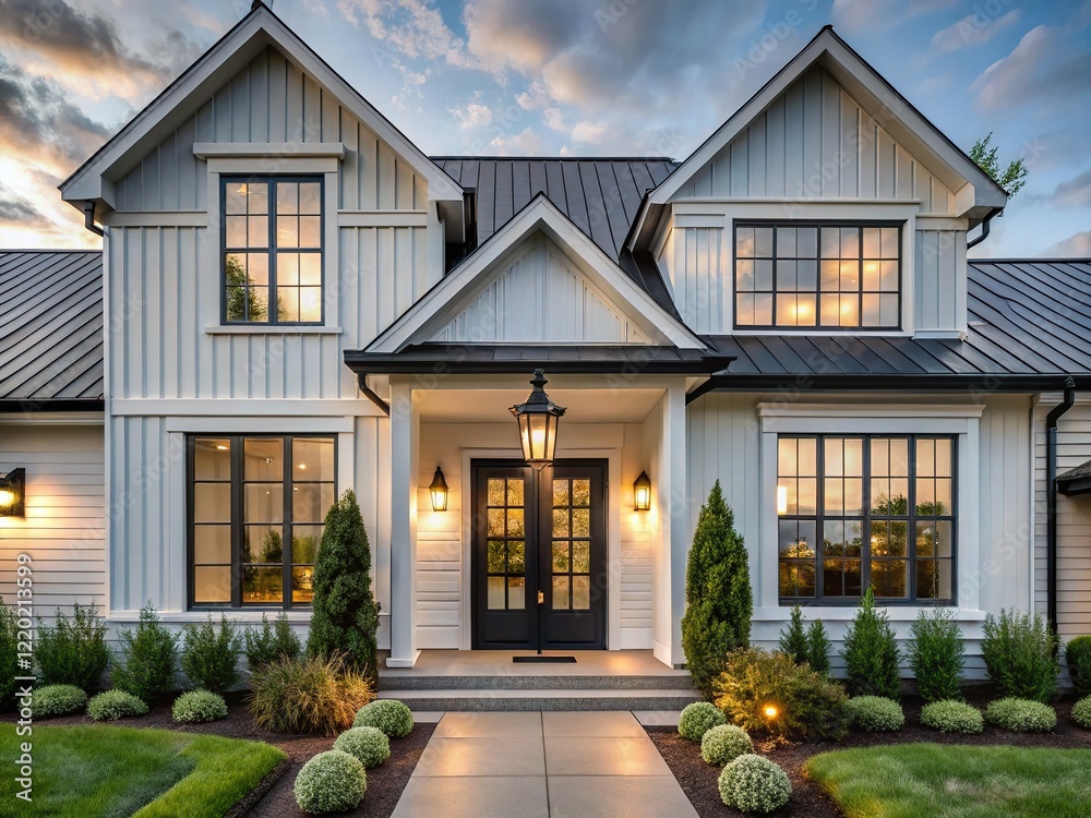 Obraz premium Modern Farmhouse Exterior: Monochrome Elegance with Industrial Metal Accents