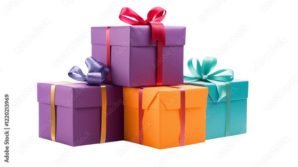 Fototapeta premium Colorful Gift Boxes with Ribbons for Festive Occasions isolated on transparent background