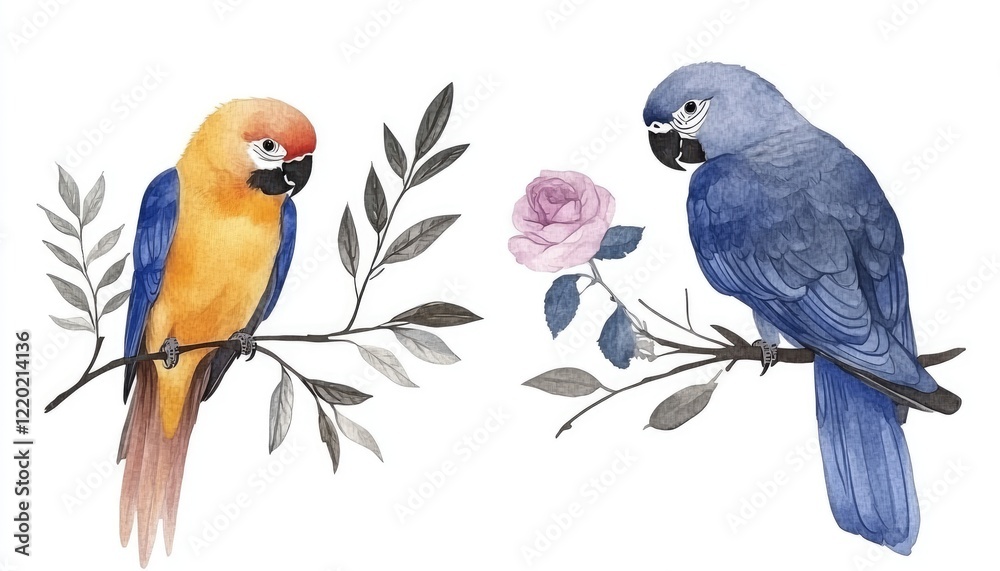 Obraz premium Two vibrant watercolor parrots perched on branches, surrounded by leaves and a rose, showcasing nature's beauty