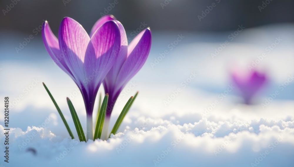 Fototapeta premium delicate purple crocus blooms on crisp white petals, soft focus, single bloom, winter flowers
