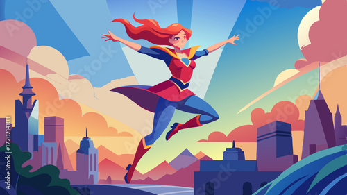 Flying Superhero Girl Over Cityscape The image is a vibrant, cartoon-style illustration featuring a female superhero with flowing red hair, wearing a red and blue costume with a golden emblem on her 