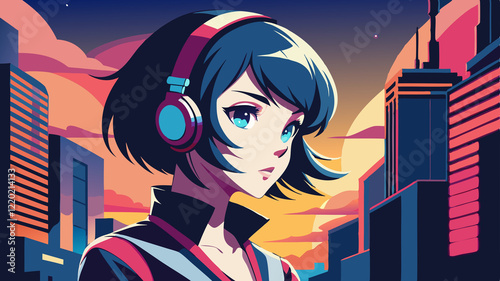 Vibrant Anime-Style Portrait in a Cityscape at Night The image is a digital illustration in a vibrant, anime-inspired style, featuring a young character with short, dark blue hair and large, expressiv