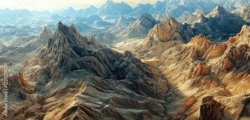 High-altitude view of arid desert terrain, featuring a rugged mountain range with a shallow depth of field emphasizing the intricate rock formations and textures.