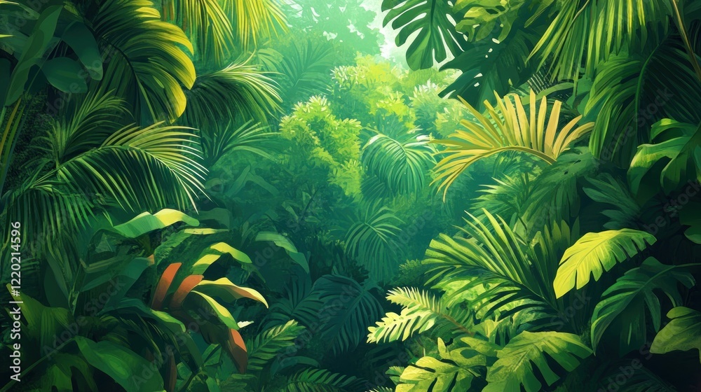 Fototapeta premium Lush Tropical Rainforest Canopy, Sunlight Dappled, Background, Nature